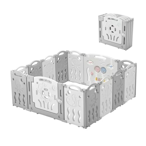 Albott Baby Playpen, Upgraded 14 Panels Foldable Baby Fence with Game Panel and Safety Gate, Adjustable Shape, Portable Play Yards for Children Toddlers Indoors or Outdoors (White+Grey,14 Panel) - color: Grey, size: 14 Pieces