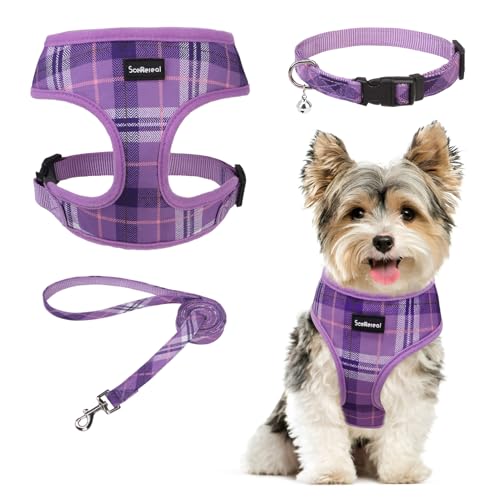 SCENEREAL No Pull Dog Harness Collar and Leash Set Small Medium Sized Dog, Soft Mesh Puppy Harnesses, No Chock Plaid Adjustable Pet Vest for Outdoor Walking Training and Running, Purple XS - color: Purple (With Collar), size: XS: Chest Girth: 10"-14"