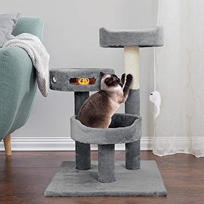 3-Tier Cat Tower with Sisal Rope Scratching Post, 2 Carpeted Napping Perches, Hanging Mouse, and Interactive Toy for Indoor Cat Use by PETMAKER (Gray) - color: Gray