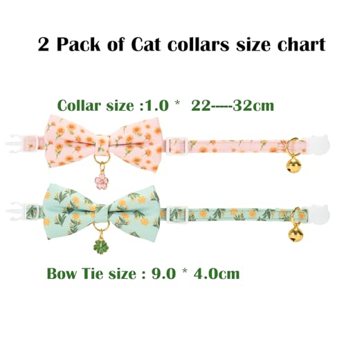 2 Pack Cat Collars, Removable Bowtie, Floral Pattern, Safety Breakaway Clasp, Adjustable for Cats.(Adult Cat,Mint Green and Lt Pink with Floral) - color: Mint Green+ Lt Pink