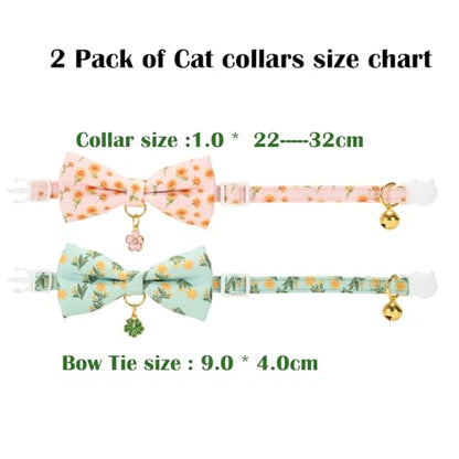 2 Pack Cat Collars, Removable Bowtie, Floral Pattern, Safety Breakaway Clasp, Adjustable for Cats.(Adult Cat,Mint Green and Lt Pink with Floral) - color: Mint Green+ Lt Pink
