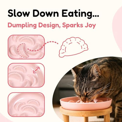 Slow Feeder Bowl, 6.3″ Elevated Cat Bowl with Stand, Melamine Wide Shallow Food Bowl, Whisker-Friendly Raised Plate, Wet Food Feeder for Slow Eating (Pink) - color: Pink, size: 1 Pack with Stand - 6.3''W x 1.5''H