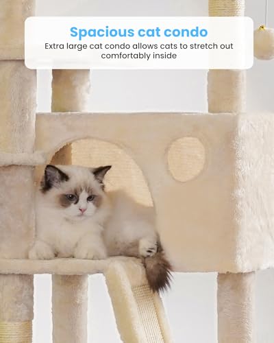 Hey-brother Cat Tree, 53 inch Cat Tower for Indoor Cats, Cat House with Padded Platform Bed, Toy Balls, Large Cozy Condo, Hammocks and Sisal Scratching Posts, Beige MPJ019-SM - color: Beige