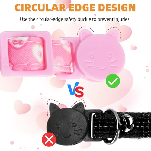 KOOLTAIL Girl Cat Collar Breakaway with Bowtie and Bells, 2 Pack Cute Kitten Collars, Pink Heart & Strawberry Design with Safety Buckle Adjustable for Small Large Girl Cats - color: Heart & Strawberry