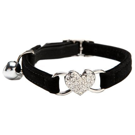 CHUKCHI Heart Bling Cat Collar with Safety Belt and Bell 8-11 Inches (Black) - color: Black