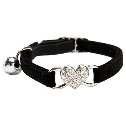 CHUKCHI Heart Bling Cat Collar with Safety Belt and Bell 8-11 Inches (Black) - color: Black