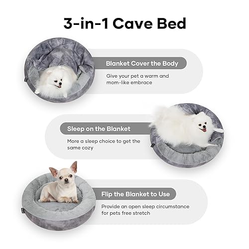 Cozy Soft Dog Bed with Hooded Blanket Warm Calming Cat Cave for Small Medium Dogs and Cats, Non-Slip Bottom & Machine Washable Pet Beds, Grey 23x23x6″ - color: Grey, size: Small(23"x23"x6")