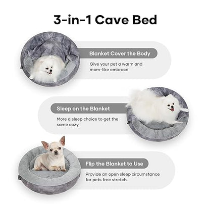 Cozy Soft Dog Bed with Hooded Blanket Warm Calming Cat Cave for Small Medium Dogs and Cats, Non-Slip Bottom & Machine Washable Pet Beds, Grey 23x23x6″ - color: Grey, size: Small(23"x23"x6")