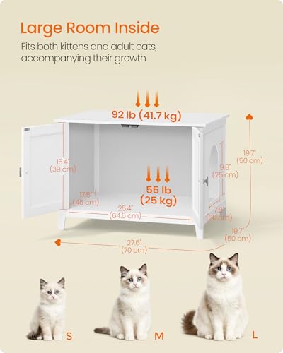 Feandrea Cat Litter Box Enclosure, Modern Hidden Cat Litter Box Furniture, Double Doors, Handles, Indoor Pet House Washroom, Living Room Side End Table, Cloud White UPCL015WB01
