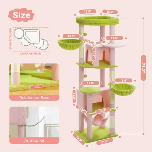 71.2 Inches Flower Tall Cat Tree for Large Cats, Multi-Level Cat Tower with 2 Cozy Condos, Super Large Top Perch, 3 Hammocks, Sisal Scratching Posts and 2 Pompoms, Pink - color: Pink, size: 71.2 Inches