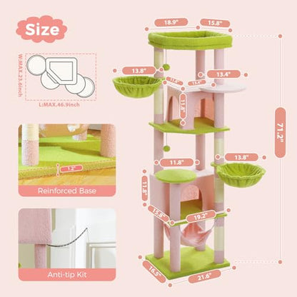71.2 Inches Flower Tall Cat Tree for Large Cats, Multi-Level Cat Tower with 2 Cozy Condos, Super Large Top Perch, 3 Hammocks, Sisal Scratching Posts and 2 Pompoms, Pink - color: Pink, size: 71.2 Inches
