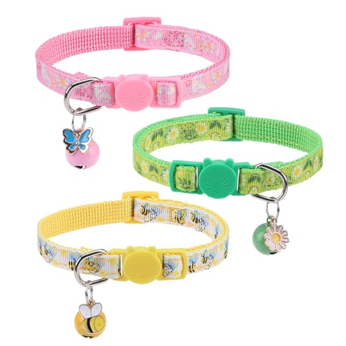 BINGPET Breakaway Cat Collar with Bell, 3 Pack Cat Collars for Girl Cats, Cute Kitty Collars Accessories with Butterfly & Flower & Bee - color: Flower Garden-3pcs