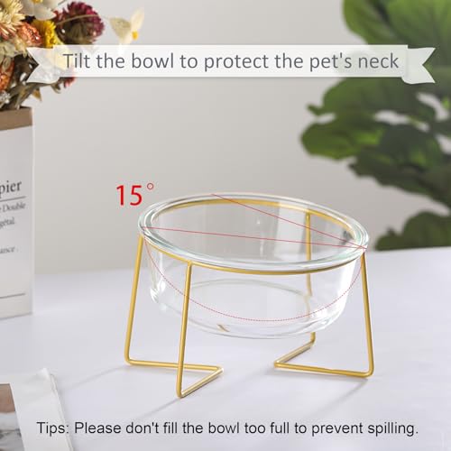 Large Glass Tilted Elevated Cat Dog Bowl Raised Cat Food Water Bowl Dish Pet Comfort Feeding Bowls with Gold Iron Stand - color: Glass, size: Large