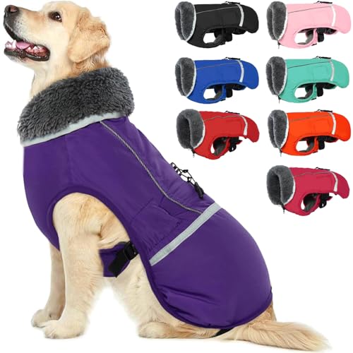 QBLEEV Warm Dog Coat Reflective Jacket, Waterproof Winter Coat Turtleneck Clothes for Cold Weather, Thick Fleece Dogsnowsuit Christmas Vest for Small&MXL Dogs - color: Purple, size: Medium