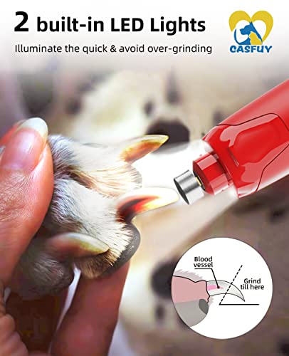 Casfuy Dog Nail Grinder Quiet - (45db) 6-Speed Pet Nail Grinder with 2 LED Lights for Large Medium Small Dogs/Cats, Professional 3 Ports Rechargeable Electric Dog Nail Trimmer with Dust Cap(Red) - color: Red