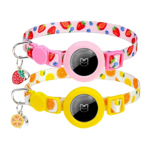 EXPAWLORER Airtag Cat Collar, 2 Pack Breakaway Lightweight Safety Kitten Collars for Air tag, Hidden GPS Tracker Holder for Girl Boy Cats & Puppies With Bell, Adjustable 7.9-11.8in,Strawberry & Orange - color: Blue & Green Flower