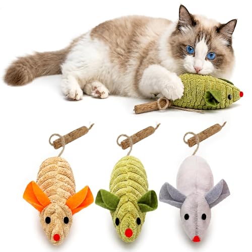 3Pcs Cat Toys Squeak Mice Catnip Toys for Indoor Cat Dental Chirping Mouse Plush Kitten Stuffed Toy Cleaning Teeth Matatabi Bite Interactive Cat Gifts Kitty Toy - size: 3Chirping-Mice