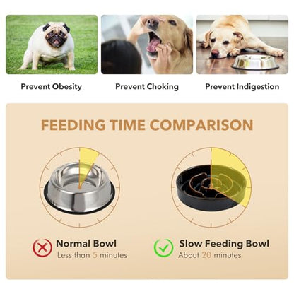 Havniva 1.2 Cup Elevated Slow Feeder Dog Bowls, 7.3” Dog Slow Feeding Bowls + 6.1” Ceramic Dog Water Bowls Set with Acacia Wood Stand, Dog Food Bowls Puzzle Feeder for Small Dogs Non-Slip Anti-choking - color: 2 x Starry Sky + Stand - A, size: M- 7.3inch