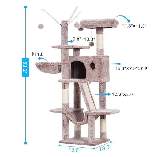 Hey-brother Cat Tree, 53 inch Cat Tower for Indoor Cats, Cat House with Padded Platform Bed, Toy Balls, Large Cozy Condo, Hammocks and Sisal Scratching Posts, Muchroom MPJ019-SMU - color: Muchroom