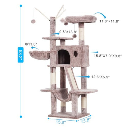 Hey-brother Cat Tree, 53 inch Cat Tower for Indoor Cats, Cat House with Padded Platform Bed, Toy Balls, Large Cozy Condo, Hammocks and Sisal Scratching Posts, Muchroom MPJ019-SMU - color: Muchroom