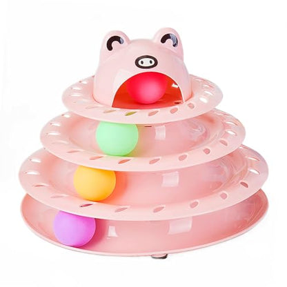 Cat Toys, 4-Level Turntable Ball Track Interactive Cat Toy for Indoor Cats, Self Play Fun Roller with Colorful Rotating Ball Puzzle Exercise Kitten Toys (Pink) - color: Pink