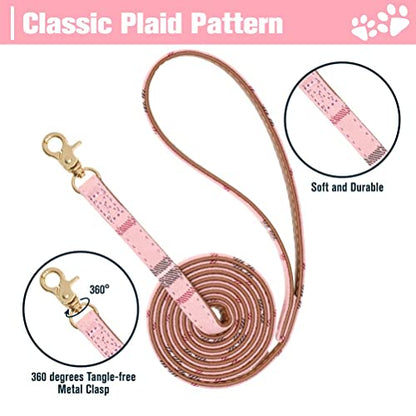 EXPAWLORER Puppy Collar and Leash Set - Plaid Dog Collar and Leash with Bow Tie and Bandana, Bell, XS Pink - color: Pink, size: X-Small