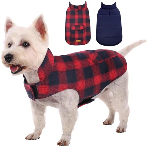 Kuoser Dog Winter Coat, Reversible Dog Jacket, Warm Doggie Coat British Style Puppy Cold Weather Vest, Windproof Pet Clothes Vest for Small Dogs, Red S - color: Red+Blue, size: S (Chest Girth: 13.8-17.3'')
