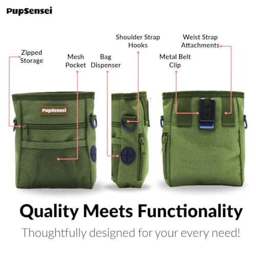 Dog Treat Pouch for Training – Magnetic Dog Treat Bag with Belt Clip & Poop Bag Dispenser – Hands Free Carry Pouch with Auto-Close Access & Shoulder Strap – Durable Pet Gear – Army Green - color: Army Green