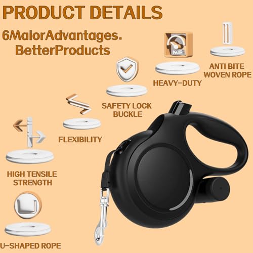 Dual Retractable Dog Leash 2 Large Dogs (Up to 66 Lbs Each), 2 Headed Pet Leash with Poop Bags, 16ft/5m Extension, Non-Slip Grip, One-Button Break & Lock, 360-degree Tangle-Free (Black, Medium) - color: Black, size: Medium