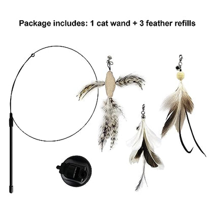TTcat Cat Wand Toys with Suction Cup, Interactive Bird Simulation Cat Toy Set,Cat Teaser Cat Toys,Flexible Steel Wire and 3Pcs Replacement Feather Refills with Bells. - color: Cat Suction Toys (3Refills)