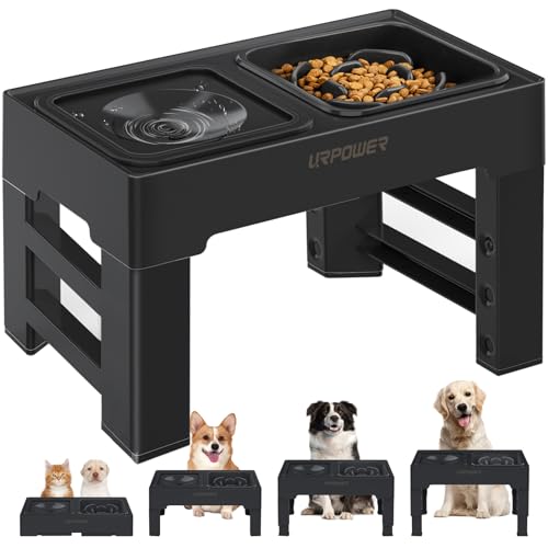 URPOWER 2-in-1 Elevated Slow Feeder Dog Bowls with No-Spill Water Bowl, 4 Height-Adjustable Raised Dog Bowls, Non-Slip Food and Water Bowls with Stand for Small, Medium, Large Dogs, Cats and Pets - color: Black, size: Slow Feeder