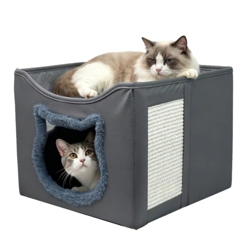 Cat Beds for Indoor Cats, Large Cat Houses with Cozy Condo,with Premium Tech Fabric& Scratch Pad, Round Window, Foldable Indoor Cat House Hold Up to 30LBS, with Reversible Cushion for Multi Small Pet - color: Deep Grey