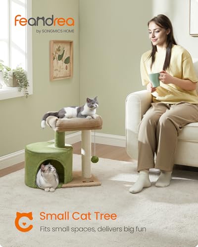 Feandrea Cat Tree, Small Cat Tower with Sisal Scratching Post, Plush Condo with Padded Perch, for Small Spaces, Kittens, Grass Green and Camel Brown UPCT050C01 - color: Grass Green + Camel Brown