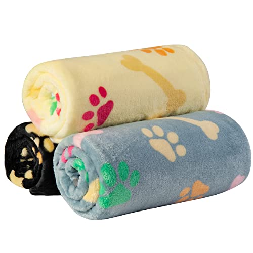 Dono 1 Pack 3 Dog Blankets, Soft Fluffy Fleece Pet Blanket Warm Sleep Mat Paw Print Design Puppy Kitten Throw Blankets Doggy Blanket for Dogs - color: Black/Yellow/Gray, size: L(41*31")