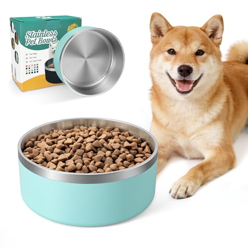 IKITCHEN Dog Bowl for Food and Water, 64 Oz Stainless Steel Pet Feeding Bowl, Durable Non-Skid Double Wall Insulated Heavy Duty with Rubber Bottom for Medium Large Dogs (64 Ounces/8 Cup, MintGreen) - color: MintGreen, size: 64 Ounces