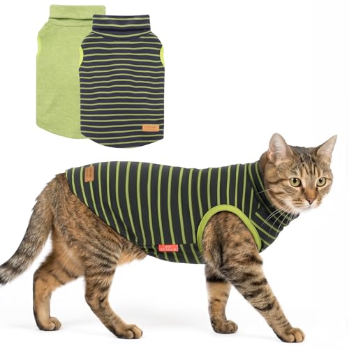 KYEESE 2Pack Cat Sweater Warm Pet Coats Soft Dog Puppy Sweaters for Small Dogs Turtleneck Small Pets Sweaters Stretchy Dogs Clothes Pullover Pet Sweatshirt - color: 4# Stripe+Green, size: Medium (7-11lbs)