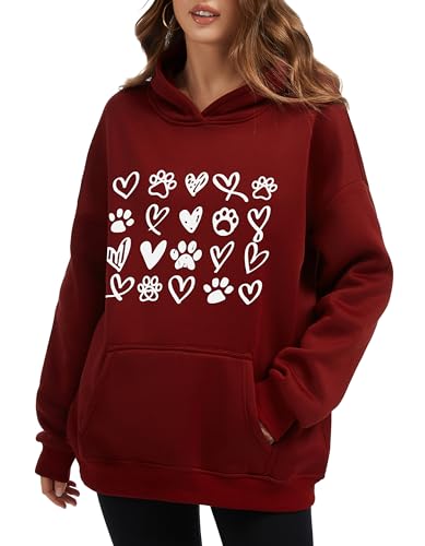 Womens Dog Paw Hoodie-Long Sleeve Pullover Fleece Lined Dog Mom Sweatshirts with Pocket - color: A-dark Red, size: Small