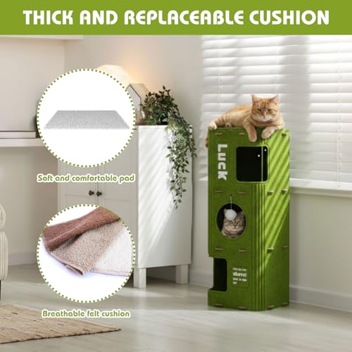3-Storey Cat House for Indoor Use with 10 Pcs Sisal Toys Cube Cats Bed Cave Cat Houses 35.5 x 14.6 Inch Felt Scratch Resistant Cats Condos with Hideaway and Sisal Stuff for Indoor Multi-Cats Home