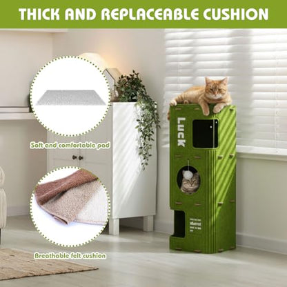 3-Storey Cat House for Indoor Use with 10 Pcs Sisal Toys Cube Cats Bed Cave Cat Houses 35.5 x 14.6 Inch Felt Scratch Resistant Cats Condos with Hideaway and Sisal Stuff for Indoor Multi-Cats Home