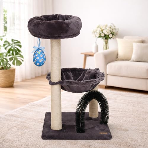Simple Deluxe 27.8" Small Cat Tree with Easter Eggs,Multi-Level Cute Cat Tree with Scratching Post| Plush Hammock| Perch| Random 3 Pcs Easter Eggs| Groomer Brush for Kittens Play & Rest - color: Smoky Gray & Easter Eggs