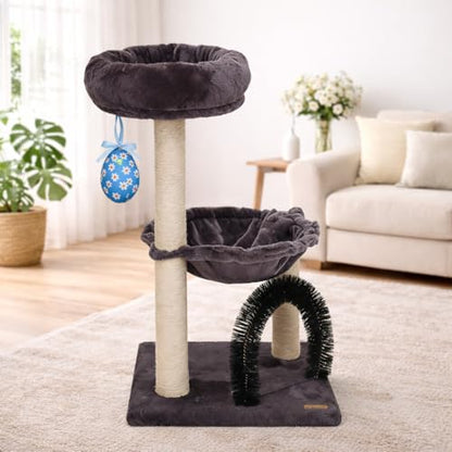 Simple Deluxe 27.8" Small Cat Tree with Easter Eggs,Multi-Level Cute Cat Tree with Scratching Post| Plush Hammock| Perch| Random 3 Pcs Easter Eggs| Groomer Brush for Kittens Play & Rest - color: Smoky Gray & Easter Eggs
