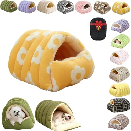 Removable and Washable Winter Closed-Off Cat Bed, Cutypet Winter Cave, Warm Foldable Secure Pet Nest for Indoor Cats & Small Dogs, Comfor Plush Snuggle Hut for Kitty, Puppy, Pets (Flannel-Yellow,L) - color: Flannel-Yellow, size: L