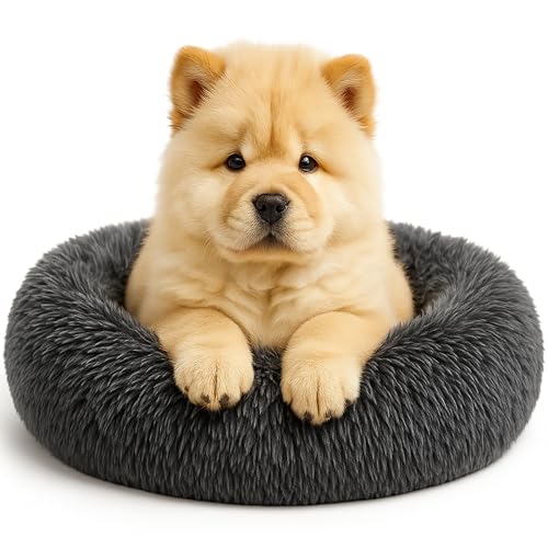 Calming Dog Bed - Fluffy Donut Cuddler for Anxiety Relief, Orthopedic Pet Bed with Non-Slip Bottom, Cozy Round Faux Fur Nest for Dogs and Cats, Plush Crate Mat for Comfort (Dark Grey, Small +) - color: Dark Grey, size: Small +