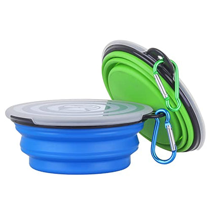 Collapsible Dog Bowl,2 Pack Portable and Foldable Pet Travel Bowls Collapsable Dog Water Feeding Bowls Dish for Dogs Cats and Small Animals,with Lids (Small, Blue+Green) - color: Blue+Green