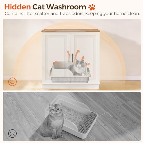 MAHANCRIS Large Cat Litter Box Enclosure, 33.5" Tall Hidden Litter Box Furniture for Small Self Cleaning Litter Box, Farmhouse Wooden Litter Box Cabinet, Cats House, Side Table, White and Walnut