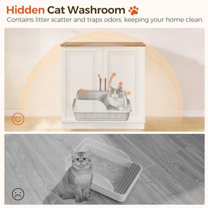 MAHANCRIS Large Cat Litter Box Enclosure, 33.5" Tall Hidden Litter Box Furniture for Small Self Cleaning Litter Box, Farmhouse Wooden Litter Box Cabinet, Cats House, Side Table, White and Walnut