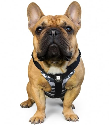 No-Pull Harness for English & French Bulldogs - Adjustable Wide-Chest Fit, Reflective Vest with Control Handle (Brave Black Camo, Small) - color: Brave Black Camo, size: Small