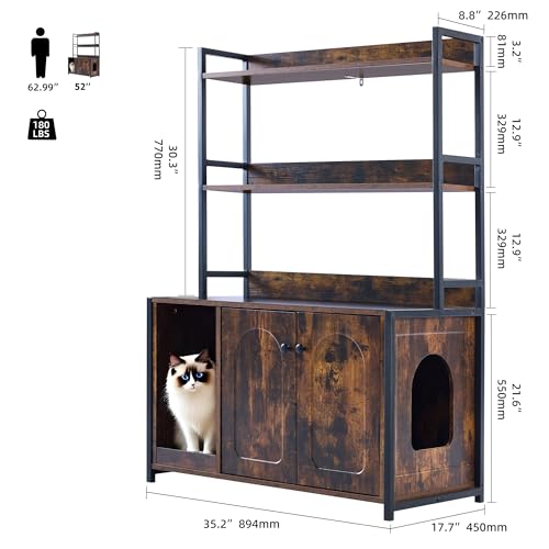 Garvee Cat Litter Box Enclosure with Shelves, 52'' Large Hidden Cats Furniture for Most Litter Box, Wood Enclosed Dog Proof Cat Kitty Cabinet with Scratch Mat Brown - color: Brown