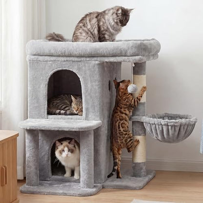 Heybly Cat Tree, 26.3-inch Cat Tower with Spacious Top Perch for Large Cats, Stair-Style Cat House Furniture with Dual-Layer Condos, Sisal Scratching Posts, Cozy Basket & Pompom, Light Gray HCT204SW - color: Light Gray, size: 26.3 Inch
