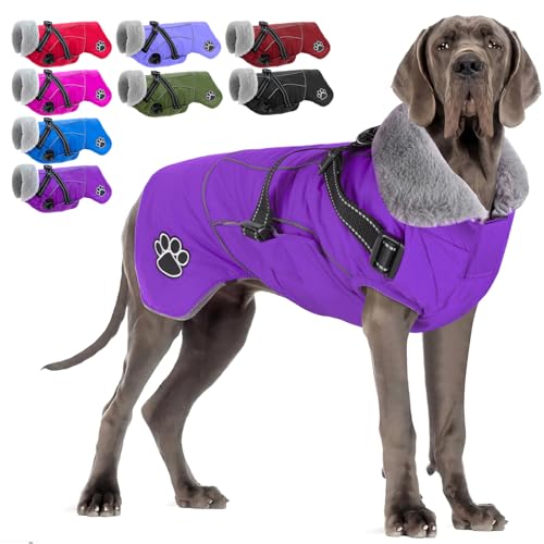Dog Jacket Waterproof Dog Coat with Harness Built in, Christmas Puppy Winter Coat Reflective Turtleneck Puffer Snow Jackets for Small Medium Large Dogs - color: Purple, size: XXX-Large